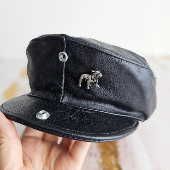 Rare Vintage Biker Silver Bulldog Pin Black Leather Motorcycle Hat Made in USA L main image 13